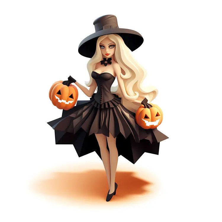 Blonde Witch in Black Dress Holding Pumpkins