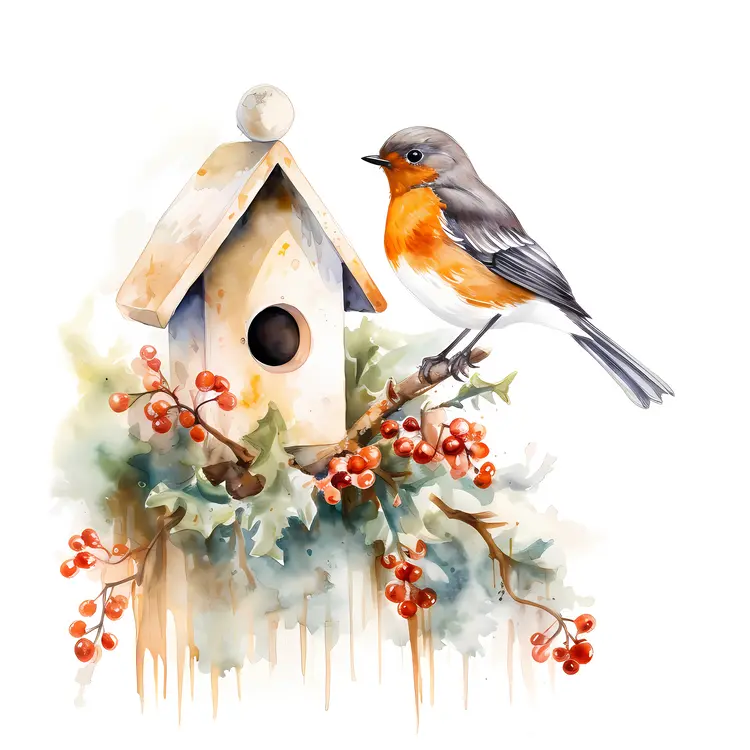 Watercolor Birdhouse with Bird and Berries