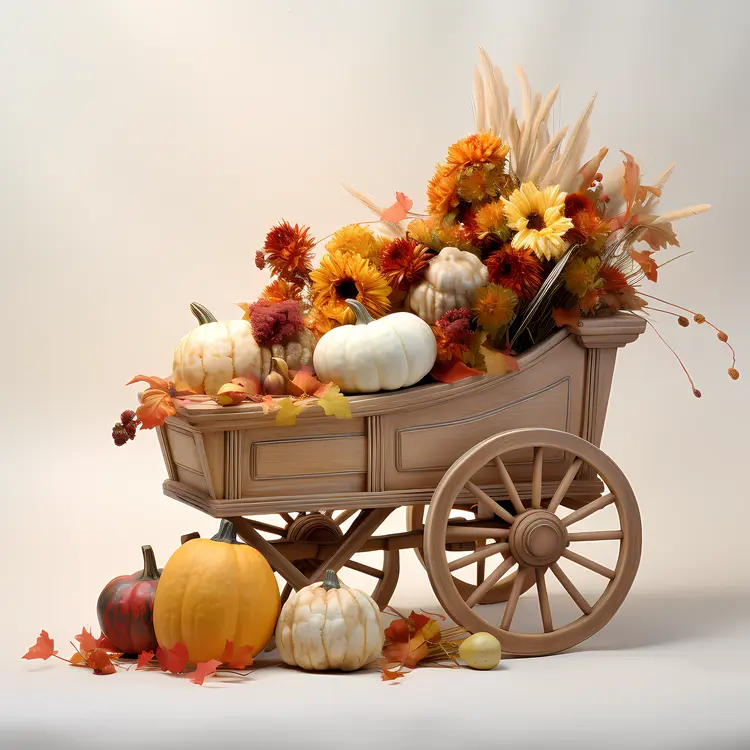 Wooden Cart with Pumpkins and Flowers for Thanksgiving