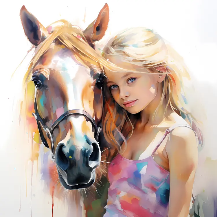 Watercolor Painting of a Girl and Her Horse