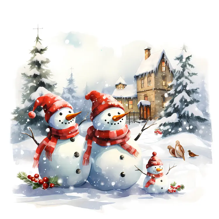 Family of Snowmen in Snowy Village
