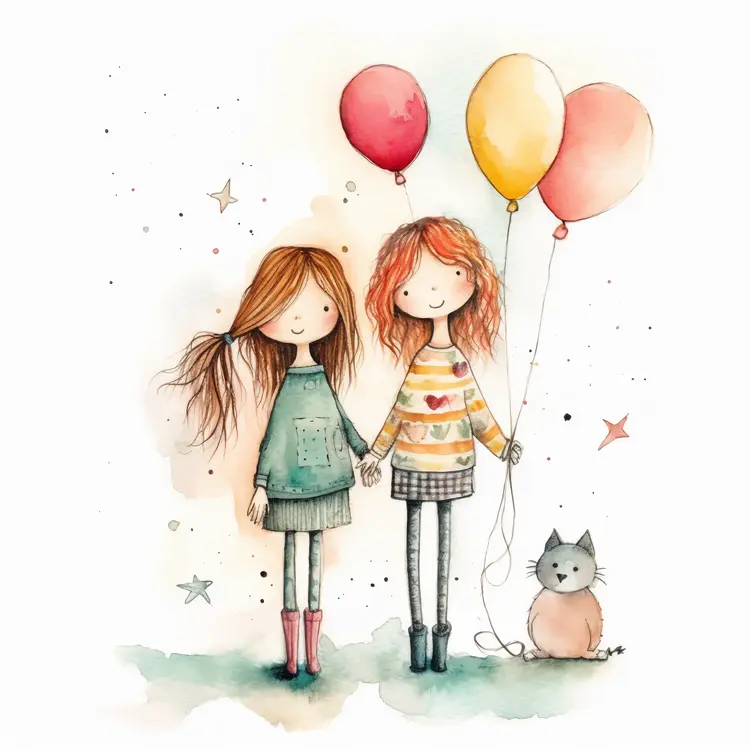 Cute Girls Holding Balloons with Cat in Watercolor Illustration