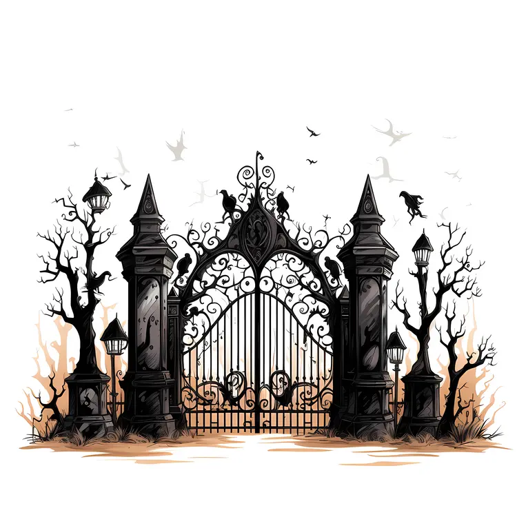 Spooky Haunted Gate with Bats and Fog