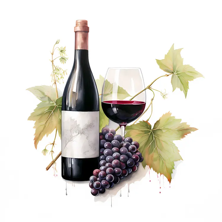 Red Wine Bottle with Glass and Grapes