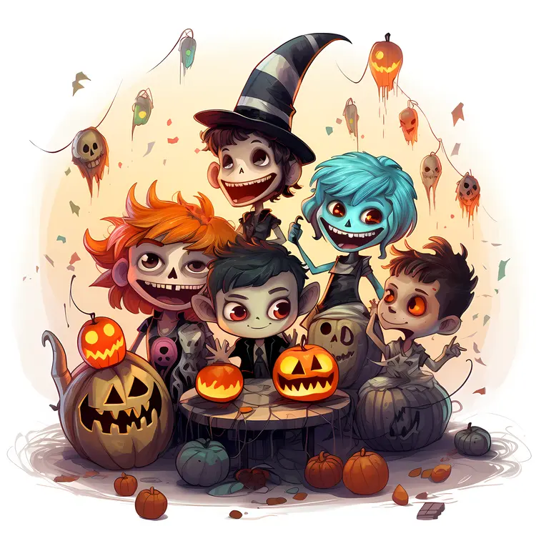 Cute Halloween Characters with Pumpkins