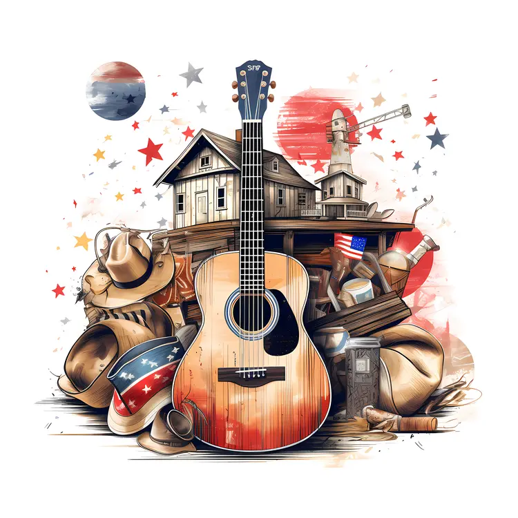 Guitar with American Theme and Cowboy Hats