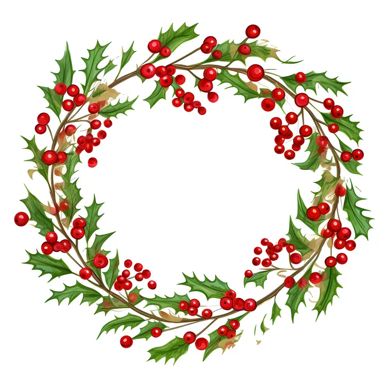 Holly Wreath with Red Berries and Green Leaves