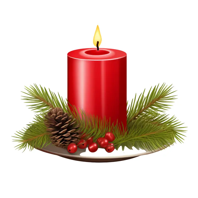 Red Candle with Pine Cones and Green Leaves