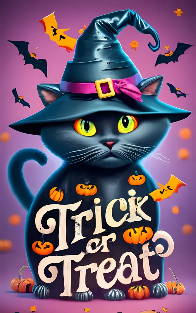 Black Cat with Witch Hat and Trick or Treat Sign