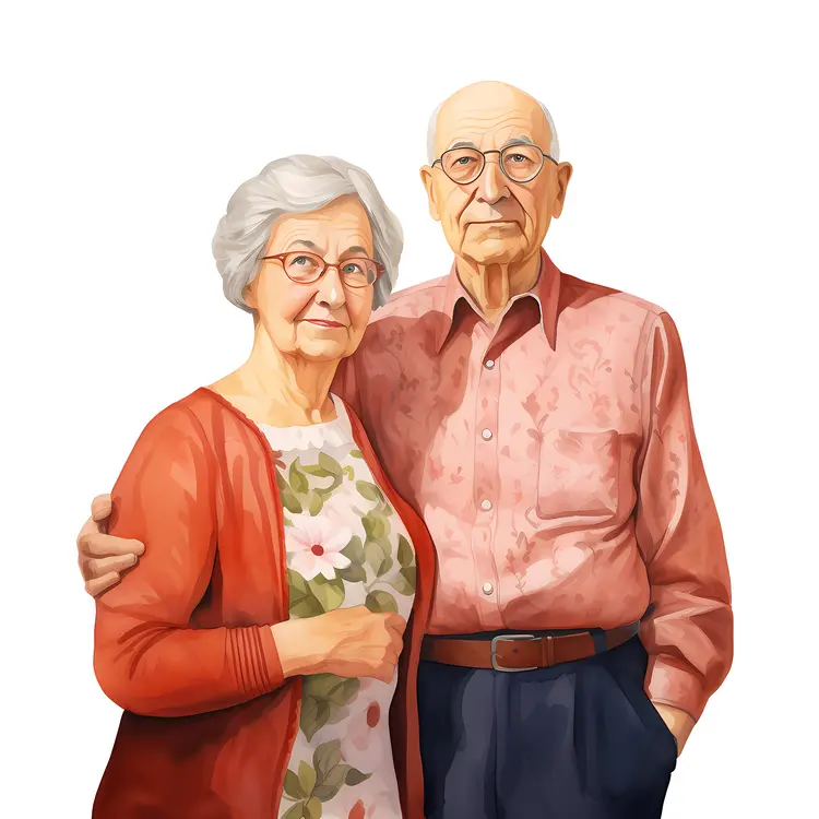 Elderly Couple in Red and Pink Outfits