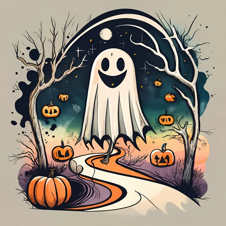 Cute Ghost with Pumpkins on Spooky Path for Halloween