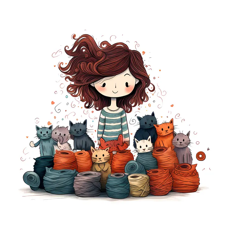 Girl with Yarn and Cats