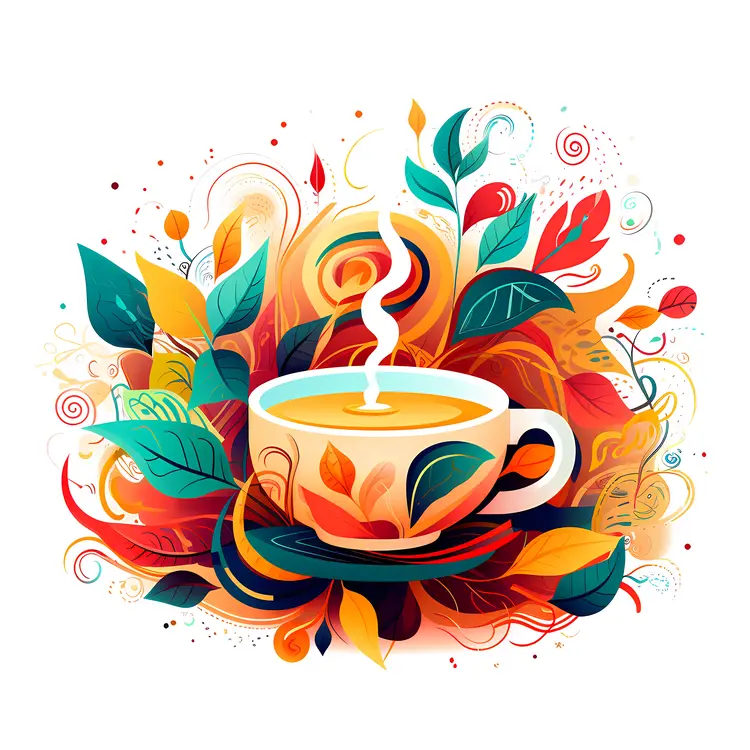 Colorful Tea Cup with Leaves and Steam