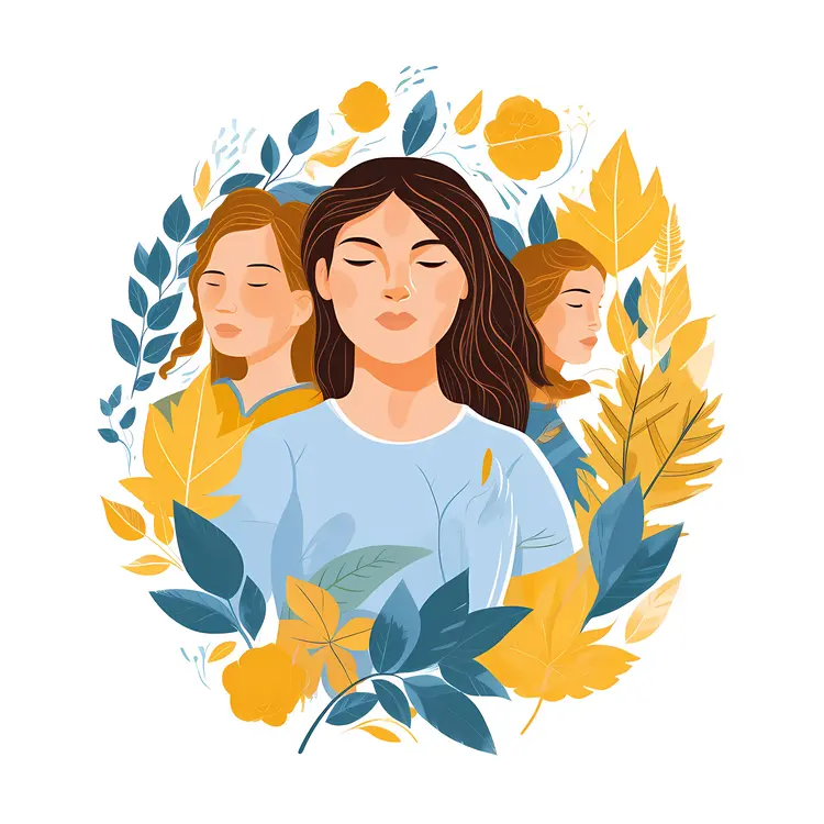 Women Meditating Surrounded by Leaves and Flowers