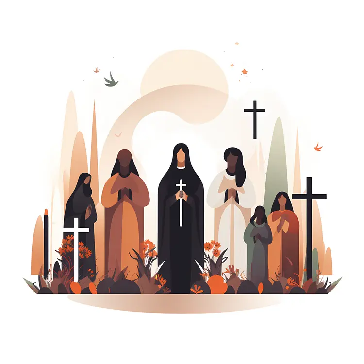 Nuns Praying with Crosses in Nature