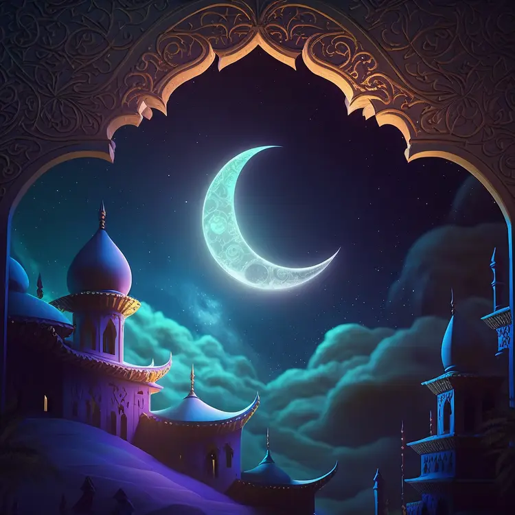 Crescent Moon Over Mosque at Night