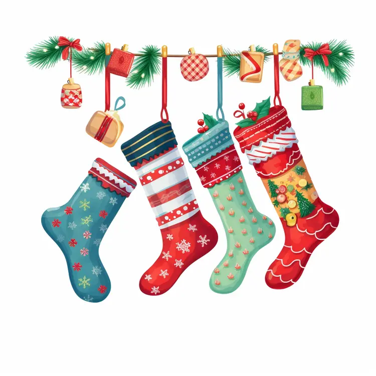 Colorful Christmas Stockings with Gifts and Decorations