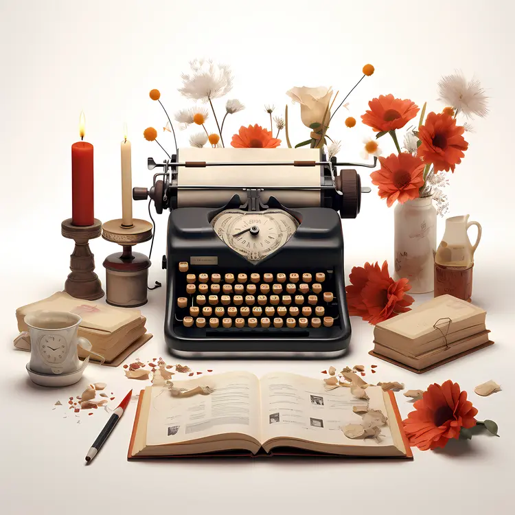 Typewriter with Open Book and Candles
