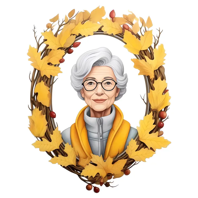 Elderly Woman Portrait with Autumn Wreath