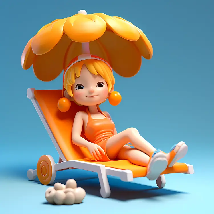 Cute Girl under Umbrella on Sun Lounger in Cartoon Style