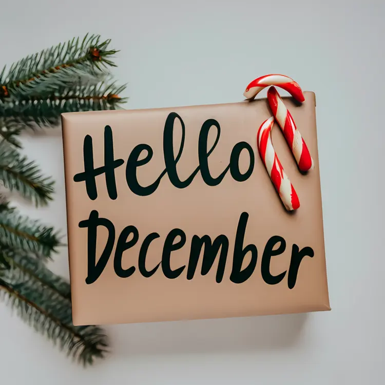 Gift Box with Candy Canes and Hello December Text