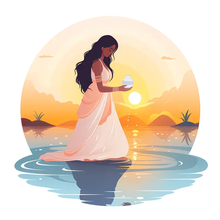 Elegant Woman with Pot at Sunset