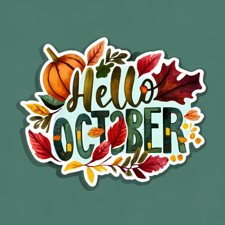 Hello October Typography with Pumpkin and Leaves
