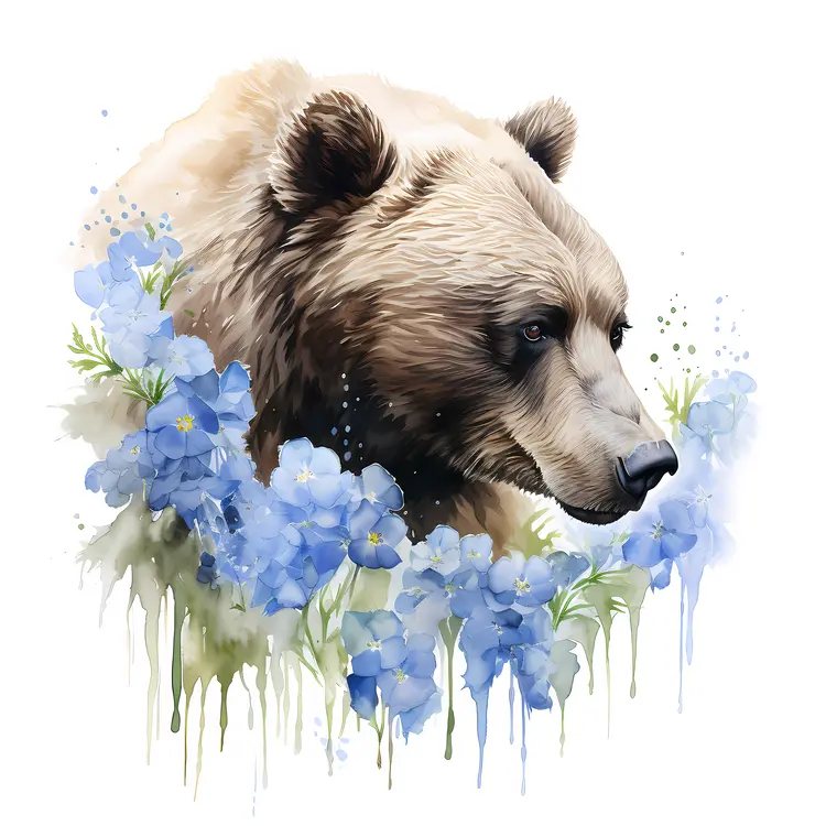 Bear with Blue Flowers in Watercolor Style