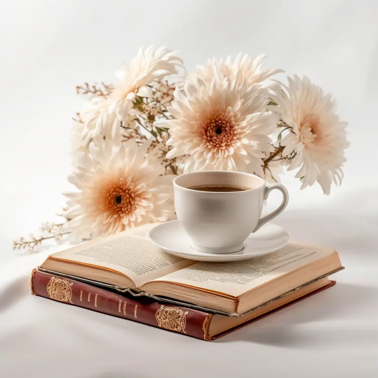 Elegant White Cup with Book and Flowers