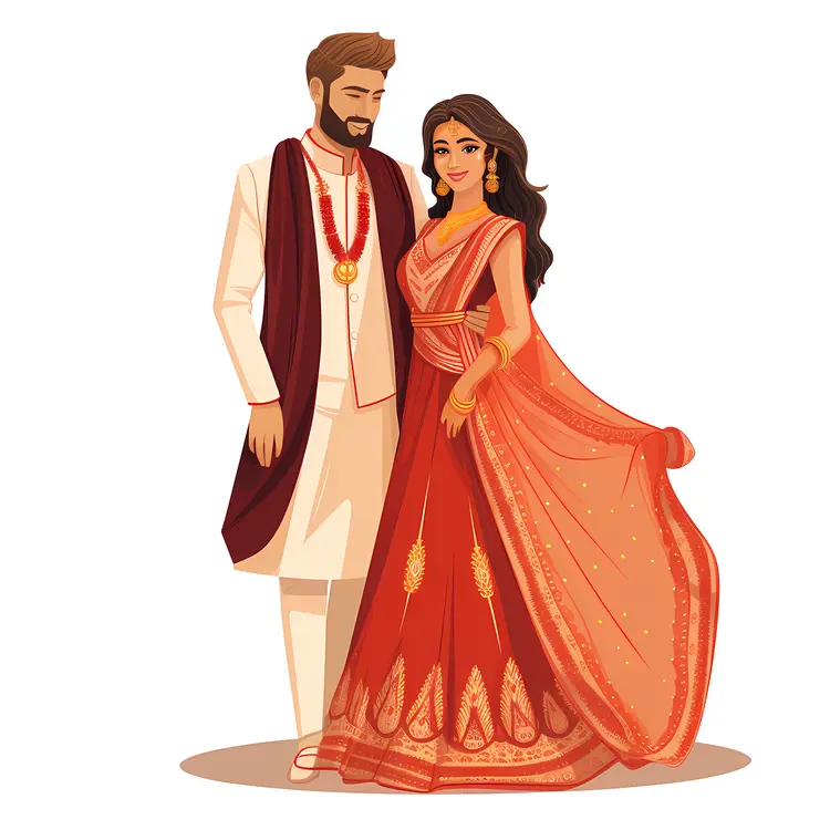Indian Couple in Traditional Wedding Attire with Red Dress