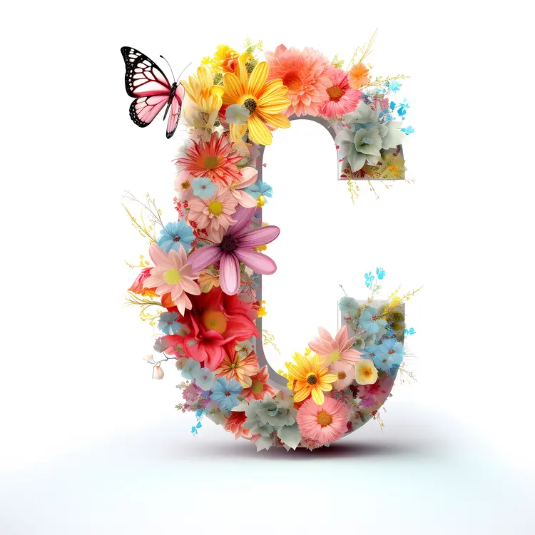 Letter C with Colorful Flowers and Butterfly