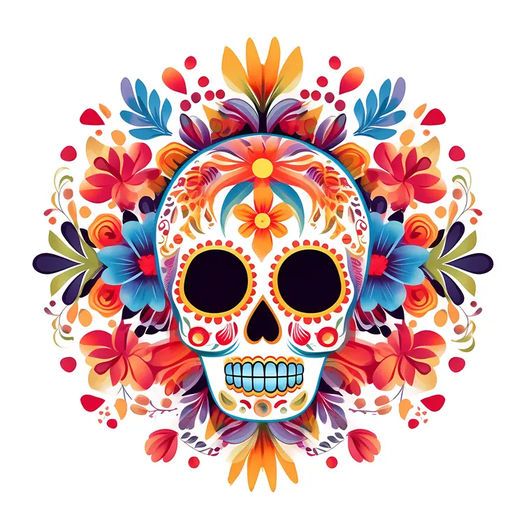 Colorful Sugar Skull with Floral Design for Day of the Dead Celebration