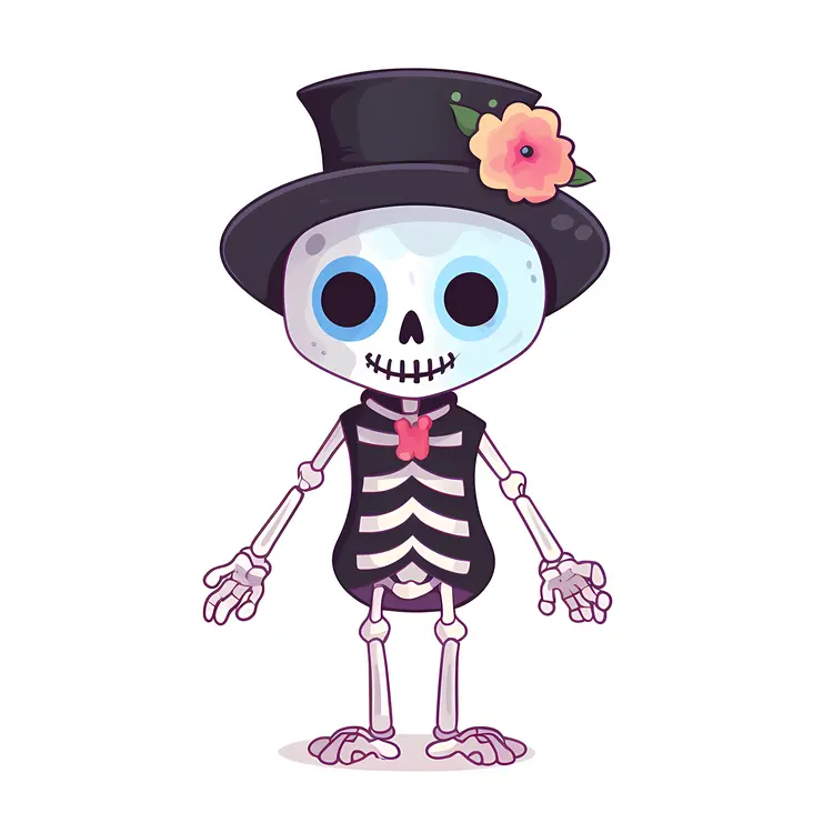 Cute Skeleton with Top Hat and Flower