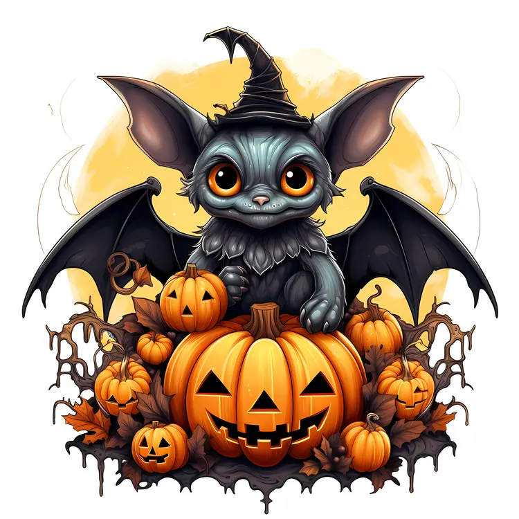 Adorable Bat with Pumpkins