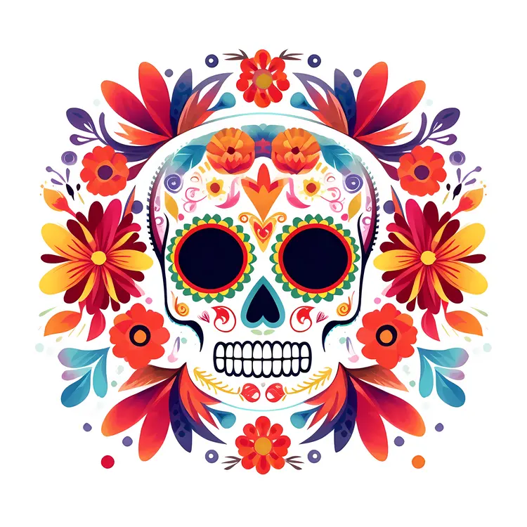 Colorful Sugar Skull with Floral Decorations for Day of the Dead