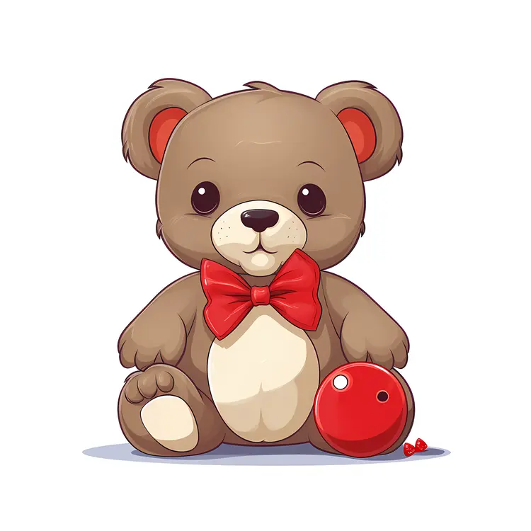 Cute Brown Teddy Bear with Red Bow and Ball