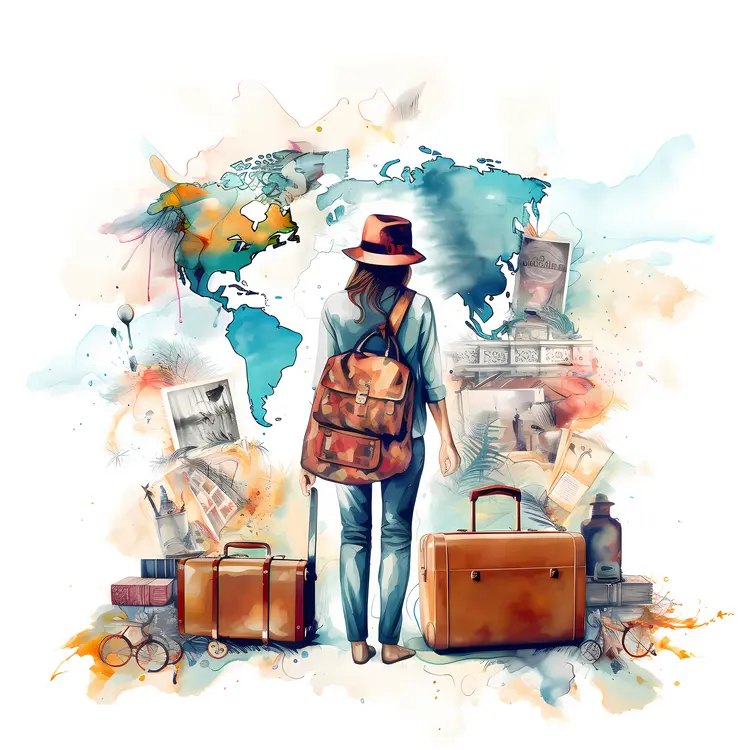 Traveler with Luggage and Map