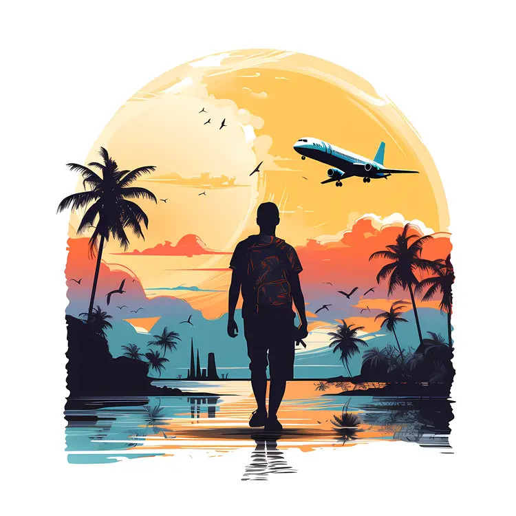 Traveler Watching Airplane at Sunset