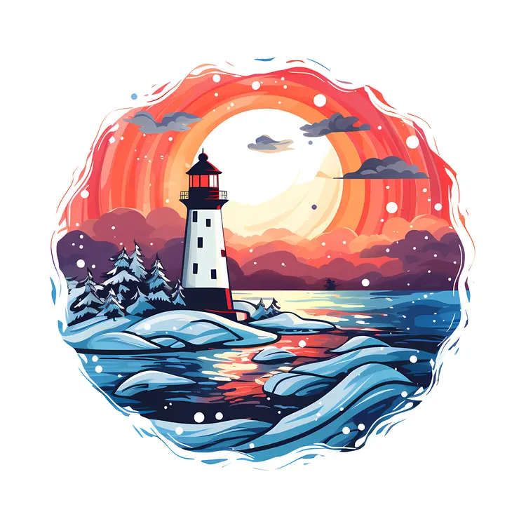 Lighthouse in Snowy Sunset Landscape