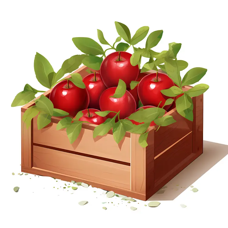 Red Apples in Wooden Crate with Leaves