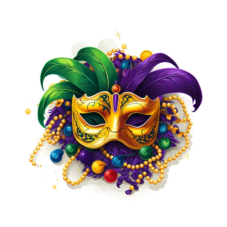 Golden Mask with Feathers and Beads for Mardi Gras