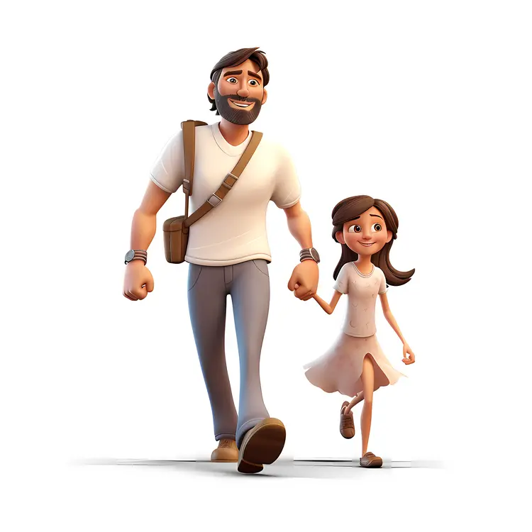 Father and Daughter Cartoon Characters Holding Hands