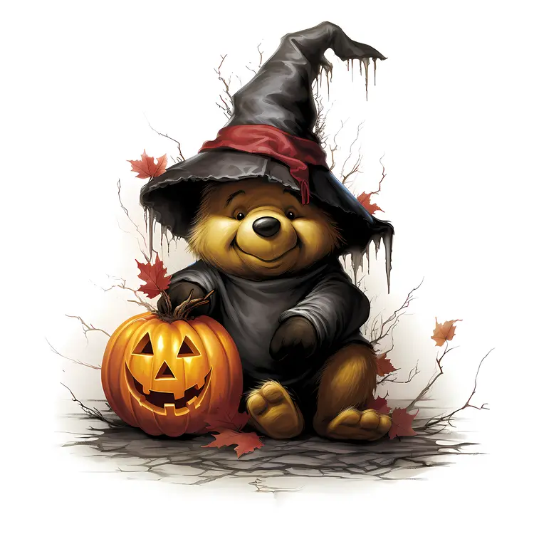 Cute Bear in Witch Costume with Pumpkin