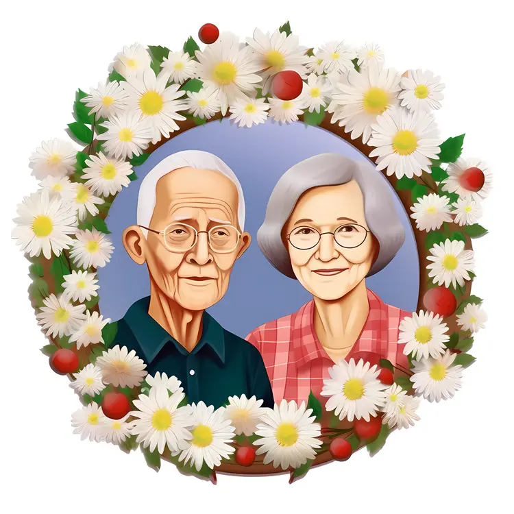 Elderly Couple Portrait with Daisy Wreath for Grandparents Day