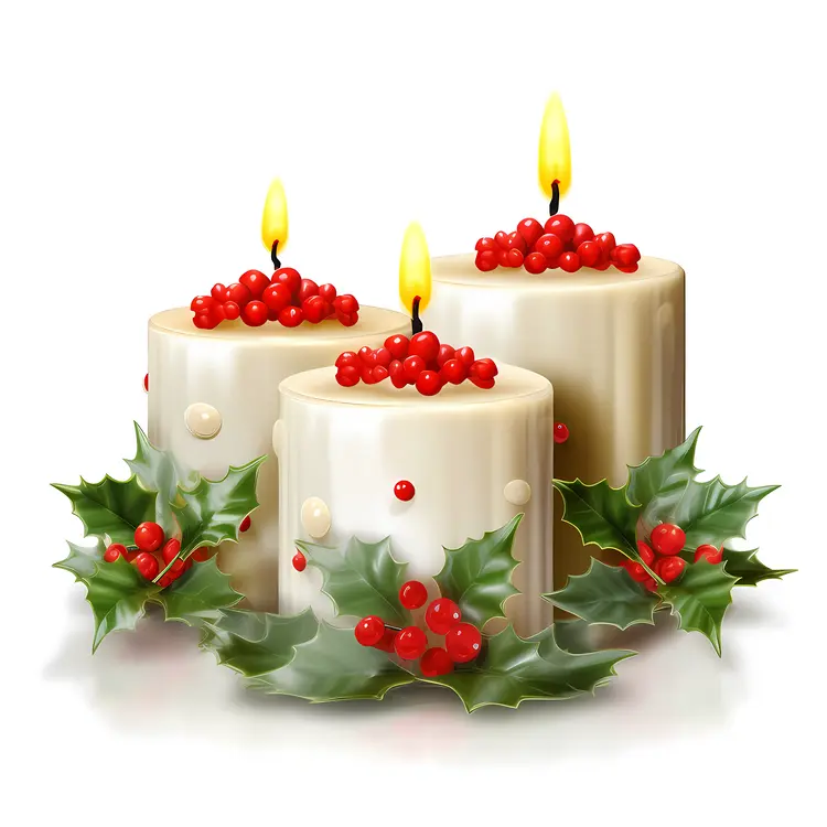 White Candles with Holly Leaves and Red Berries
