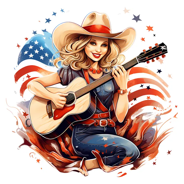 Cowgirl Playing Guitar with American Flag