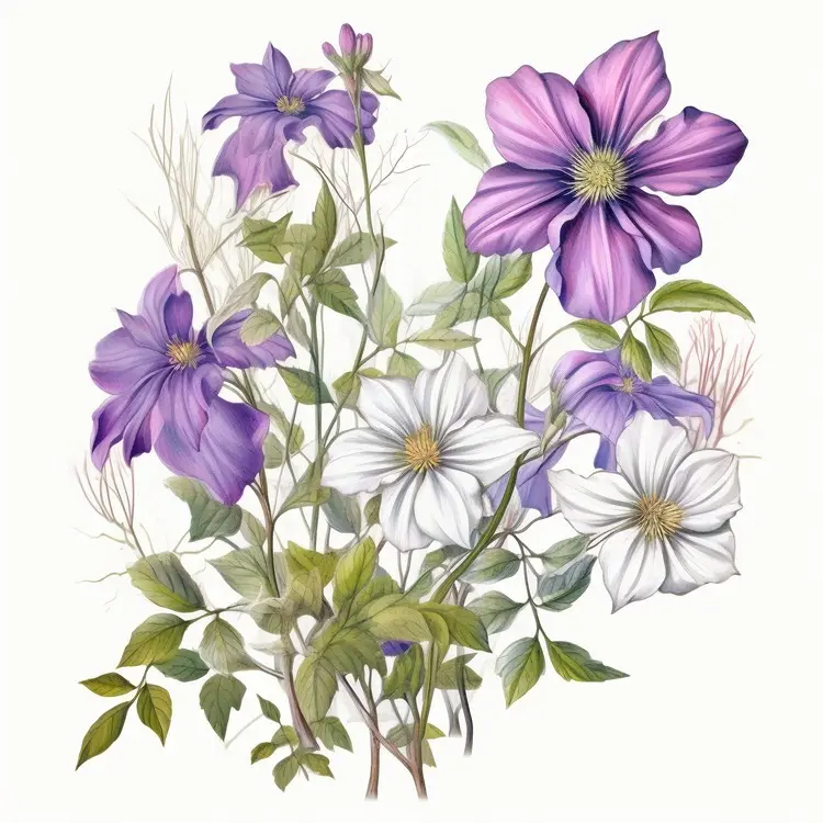 Beautiful Botanical Illustration of Purple and White Flowers