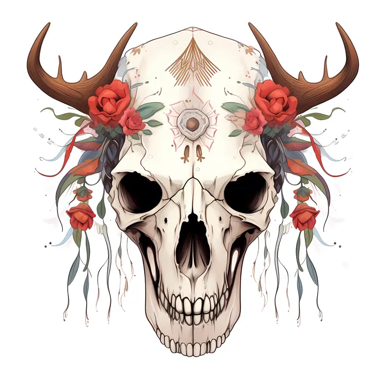Skull with Red Flowers and Antlers