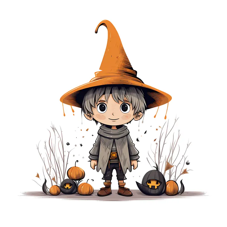 Cute Wizard Boy with Pumpkins
