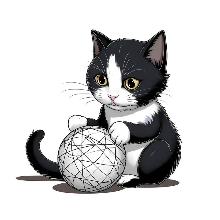 Cute Black and White Cat Playing with Yarn Ball
